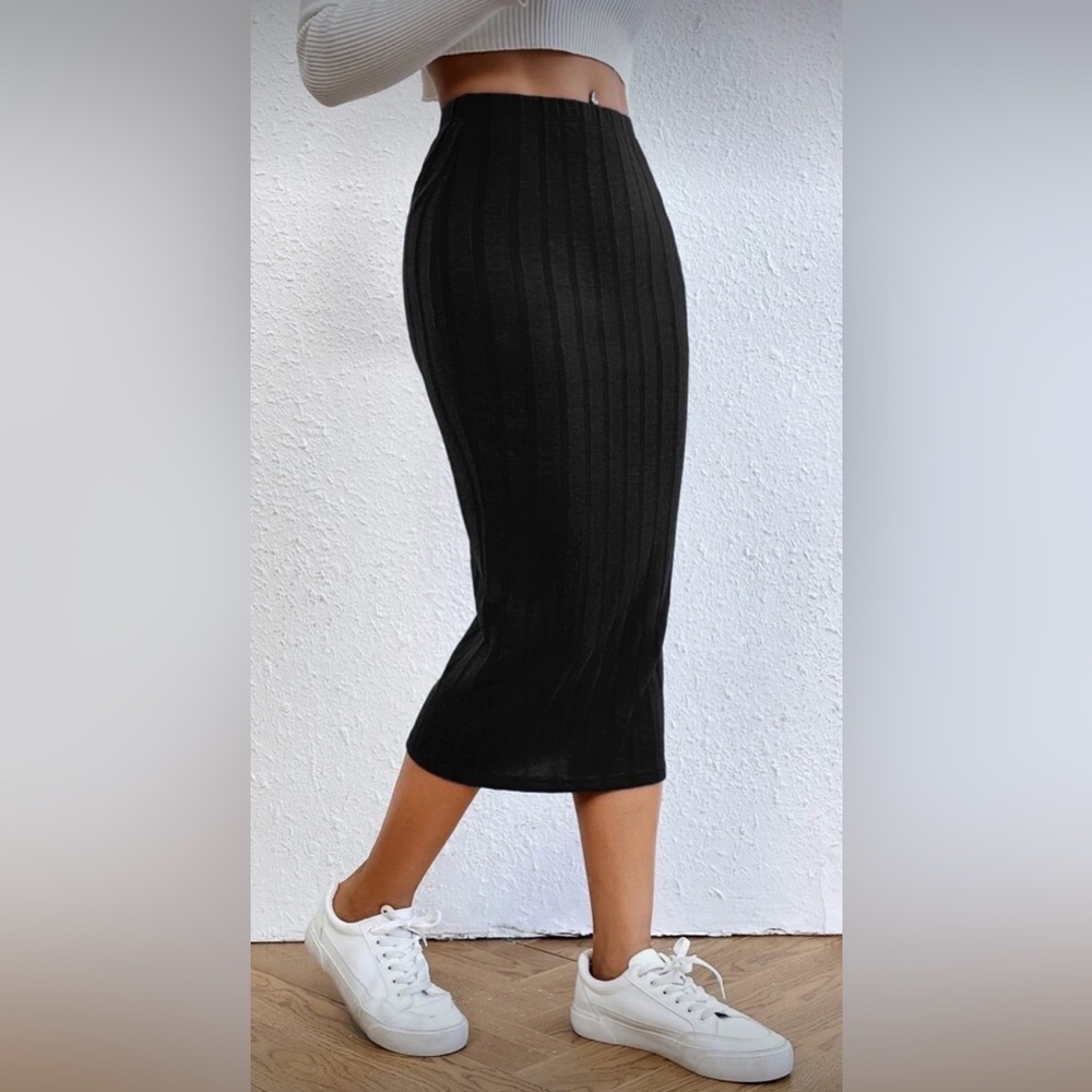 Mint Julep Bodycon Black Ribbed Pencil Skirt, Midi, Elastic Waist, Small, NWT - Picture 2 of 10